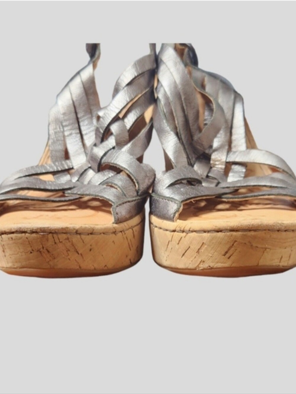 Born Metallic Pewter Silver Leather Wedge Sandals